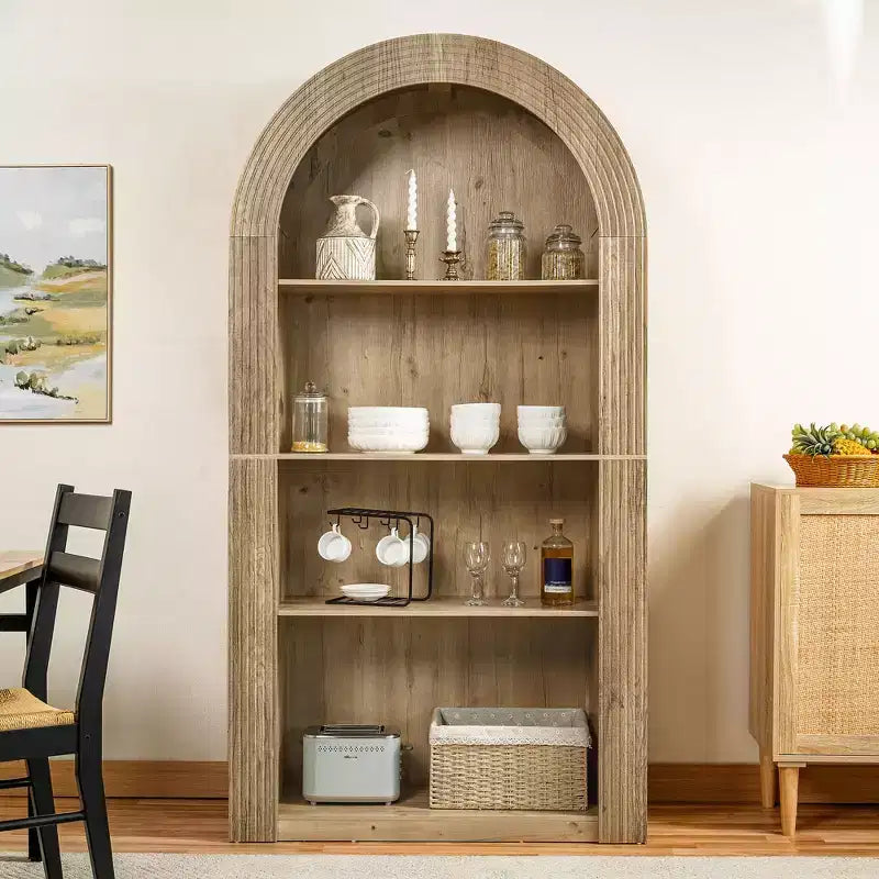 4-Tier Tall Arched Bookshelf with Open Storage and Display Shelves