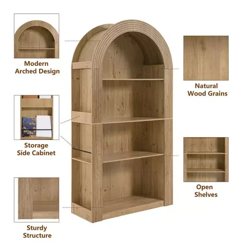 4-Tier Tall Arched Bookshelf with Open Storage and Display Shelves