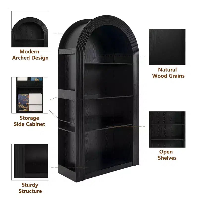 4-Tier Tall Arched Bookshelf with Open Storage and Display Shelves
