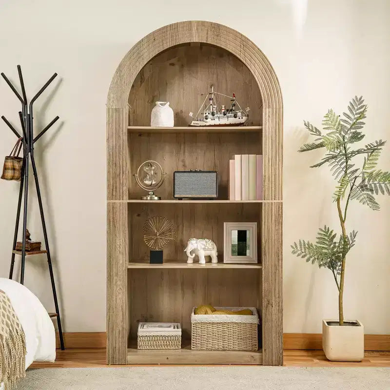 4-Tier Tall Arched Bookshelf with Open Storage and Display Shelves