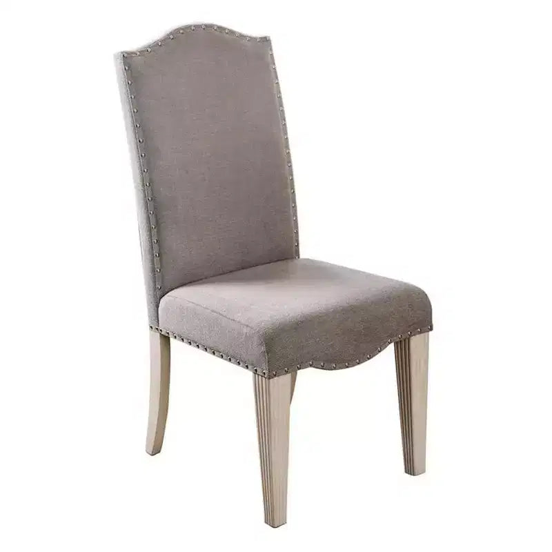 Fabric Upholstered Wooden Side Chair, White and Gray, Set of 2