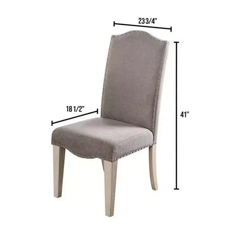 Fabric Upholstered Wooden Side Chair, White and Gray, Set of 2