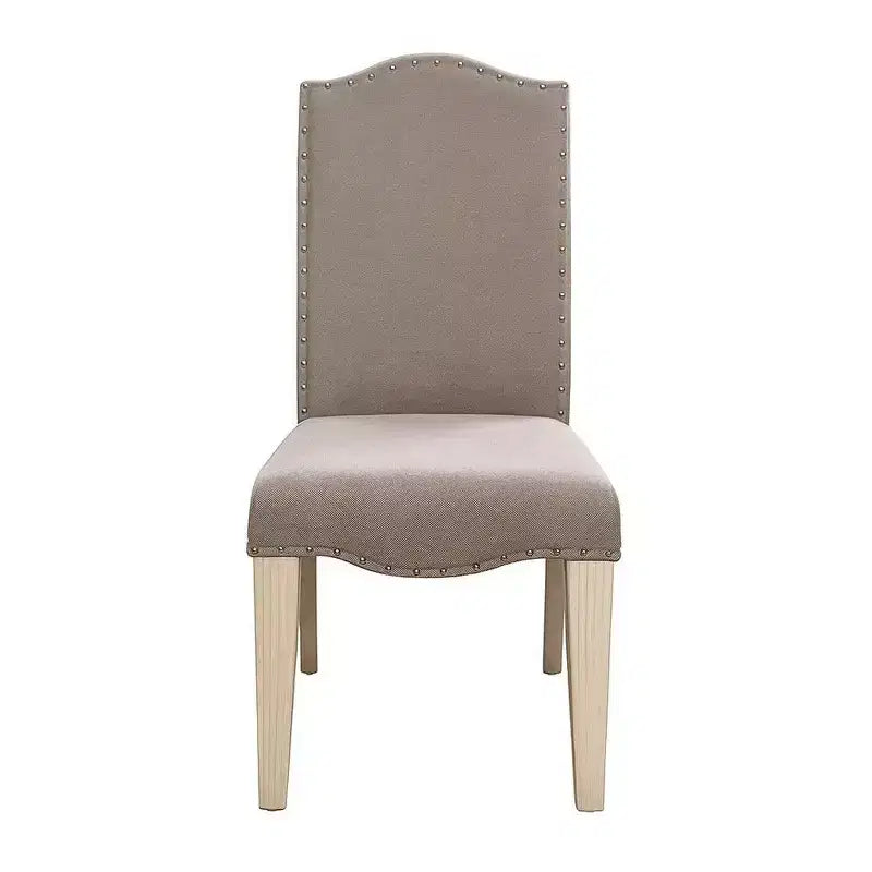 Fabric Upholstered Wooden Side Chair, White and Gray, Set of 2