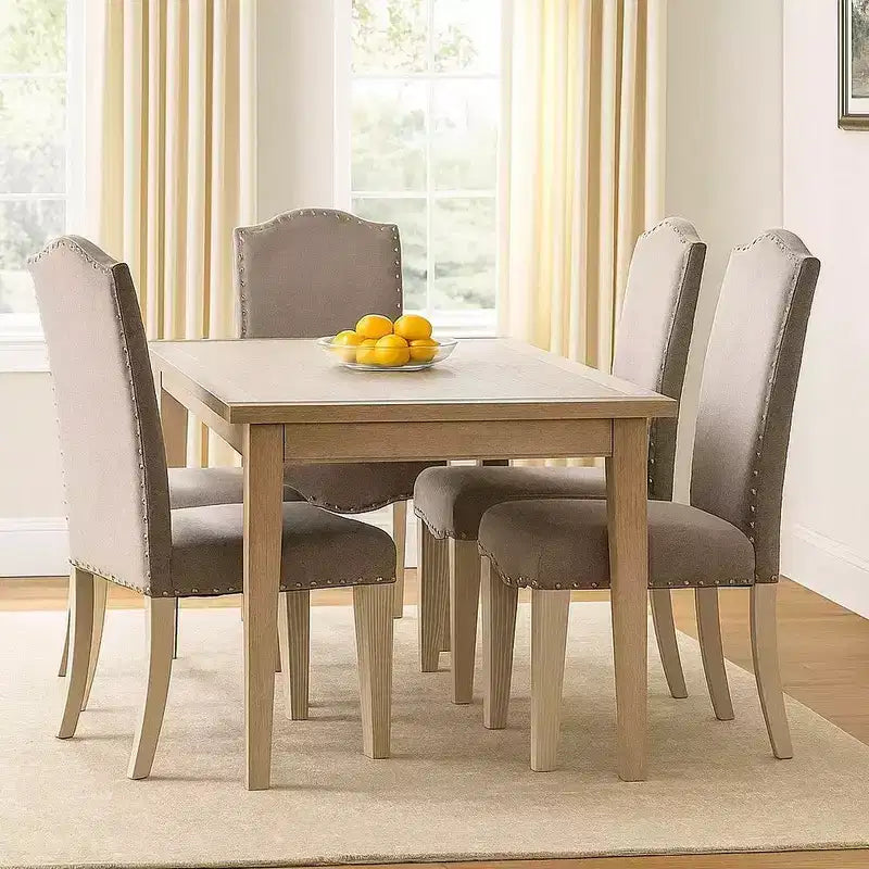Fabric Upholstered Wooden Side Chair, White and Gray, Set of 2