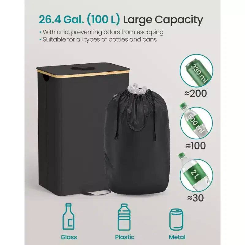 26 Gallon Recycling Bin with Lid, Inner Bag and Collection Hole, Foldable Kitchen Bin for Metal Plastic Paper Glass