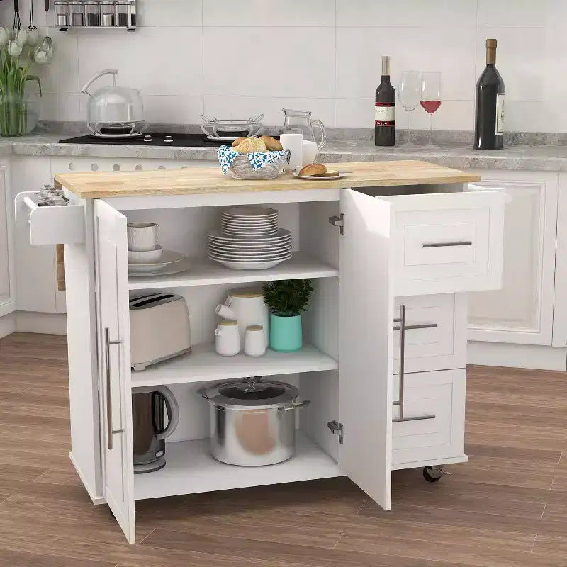 White Kitchen Island with Extensible Wood Top, Spice Rack and Towel Rack