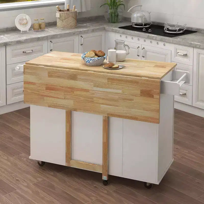 White Kitchen Island with Extensible Wood Top, Spice Rack and Towel Rack