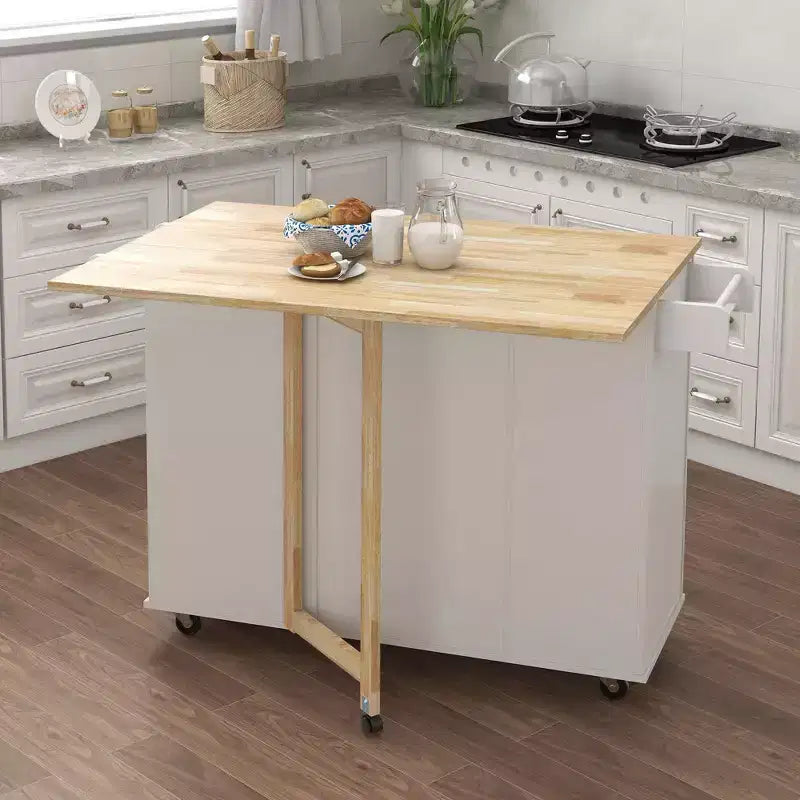 White Kitchen Island with Extensible Wood Top, Spice Rack and Towel Rack