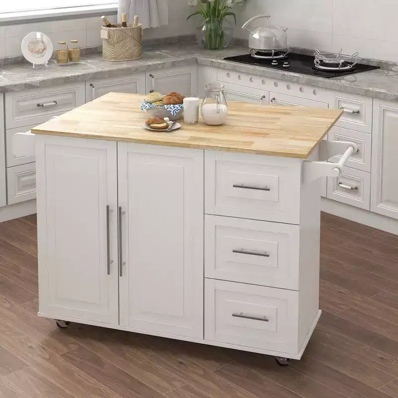 White Kitchen Island with Extensible Wood Top, Spice Rack and Towel Rack