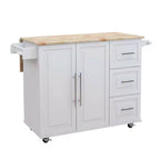 White Kitchen Island with Extensible Wood Top, Spice Rack and Towel Rack