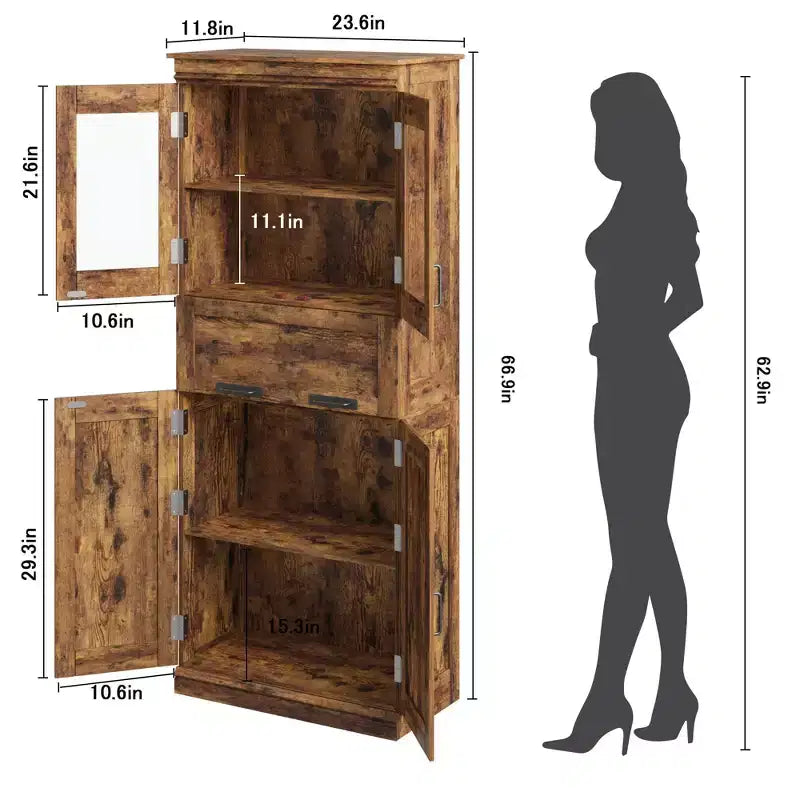 67 Inch Kitchen Pantry Cabinet with Glass Doors and Drawer