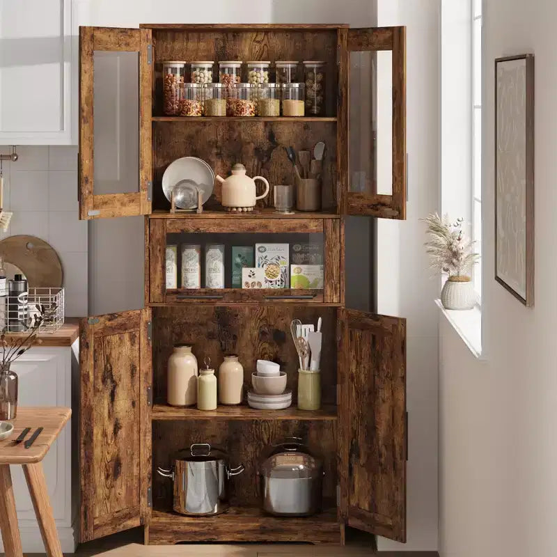 67 Inch Kitchen Pantry Cabinet with Glass Doors and Drawer
