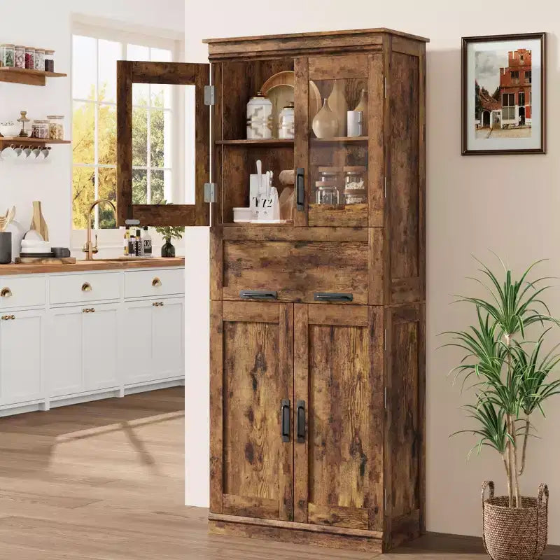 67 Inch Kitchen Pantry Cabinet with Glass Doors and Drawer