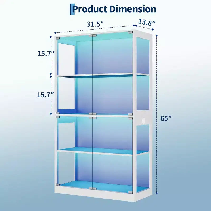 4-Tier Glass Display Cabinet with LED Lights and Charging Ports