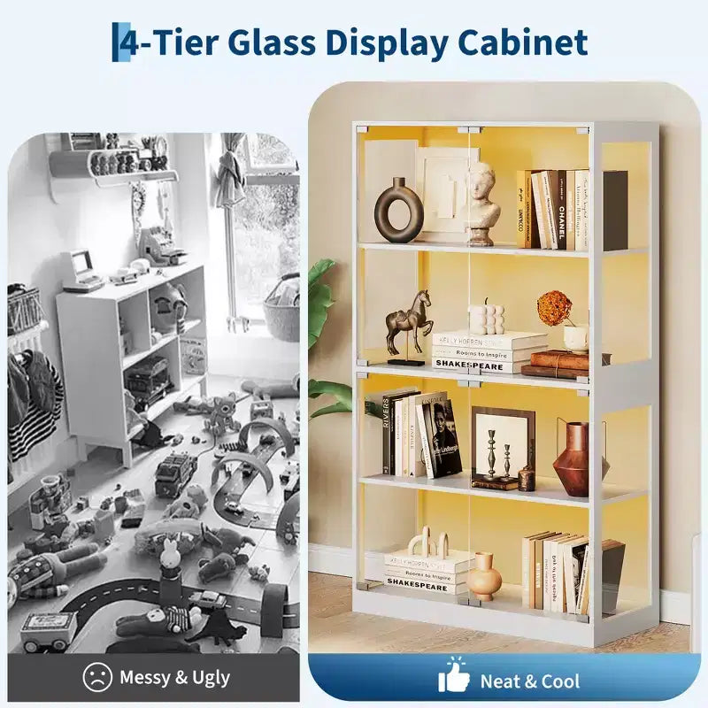 4-Tier Glass Display Cabinet with LED Lights and Charging Ports