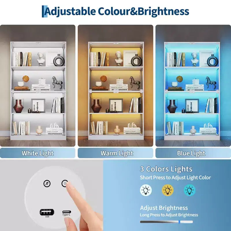 4-Tier Glass Display Cabinet with LED Lights and Charging Ports