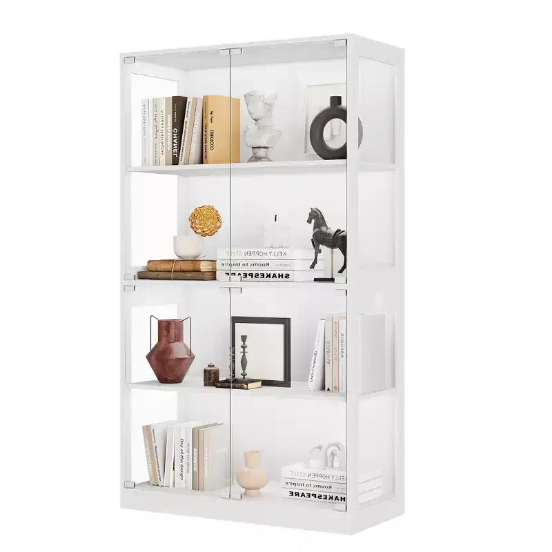4-Tier Glass Display Cabinet with LED Lights and Charging Ports