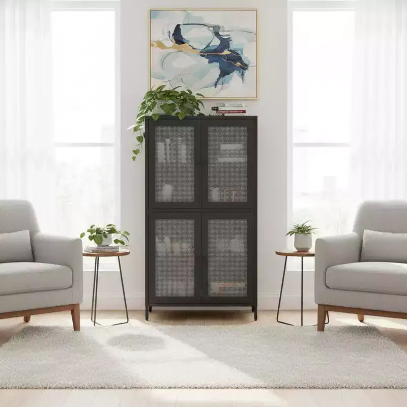 Metal Storage Cabinet with 4 Glass Doors, Adjustable Shelves, Black