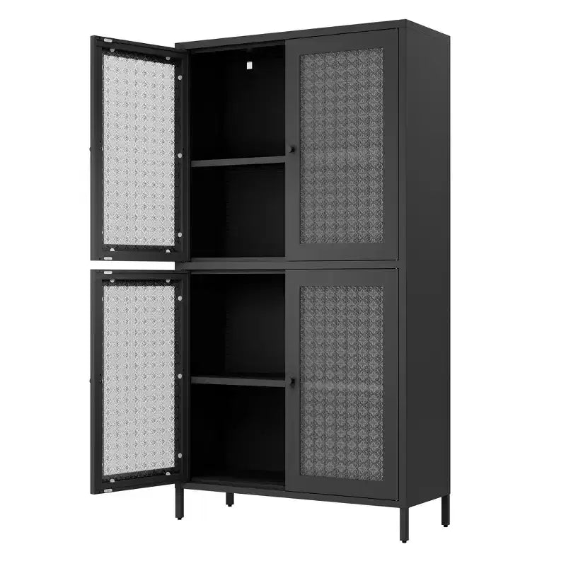 Metal Storage Cabinet with 4 Glass Doors, Adjustable Shelves, Black