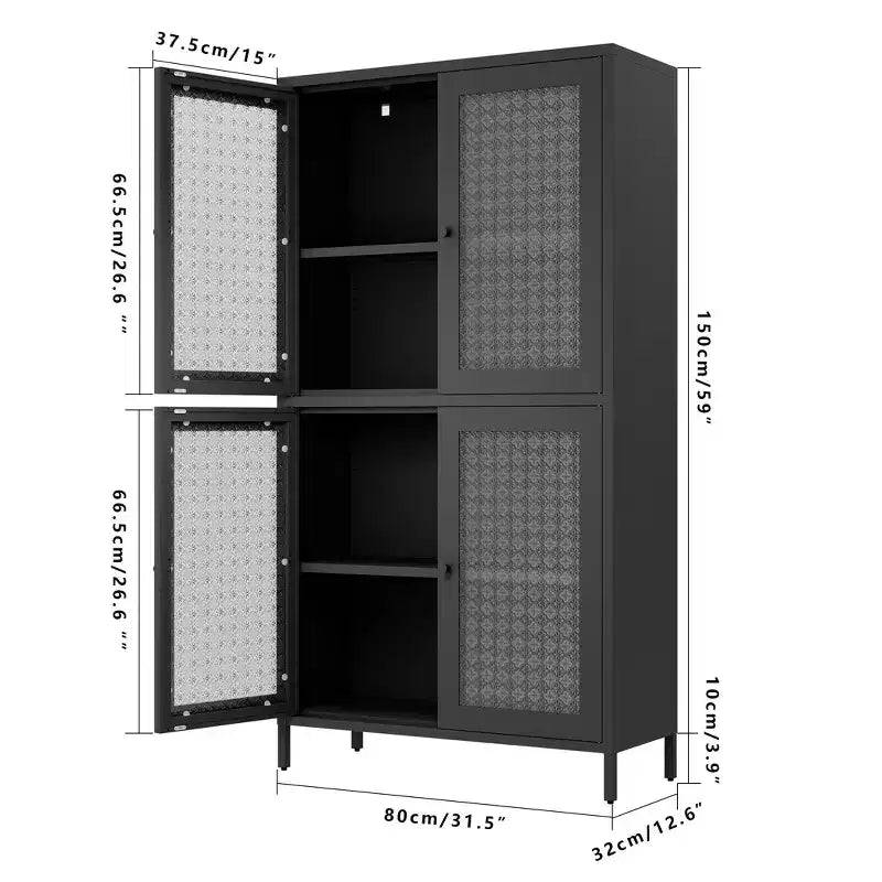 Metal Storage Cabinet with 4 Glass Doors, Adjustable Shelves, Black