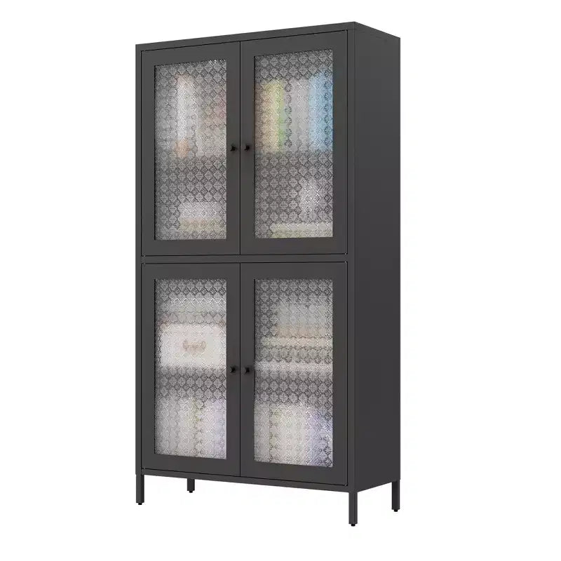 Metal Storage Cabinet with 4 Glass Doors, Adjustable Shelves, Black