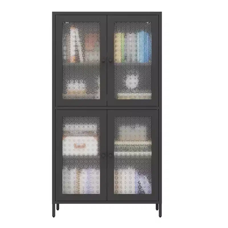 Metal Storage Cabinet with 4 Glass Doors, Adjustable Shelves, Black