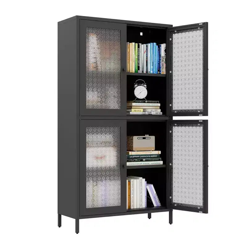 Metal Storage Cabinet with 4 Glass Doors, Adjustable Shelves, Black