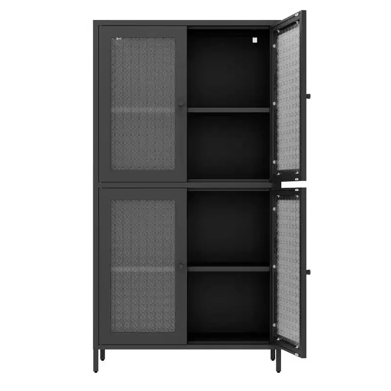 Metal Storage Cabinet with 4 Glass Doors, Adjustable Shelves, Black
