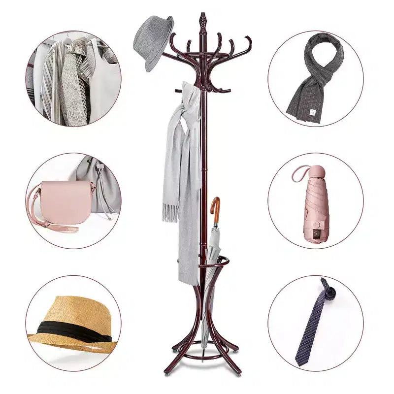 Wood Standing Coat Rack with 12 Hooks and Umbrella Stand, Reddish Brown