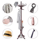 Wood Standing Coat Rack with 12 Hooks and Umbrella Stand, Reddish Brown