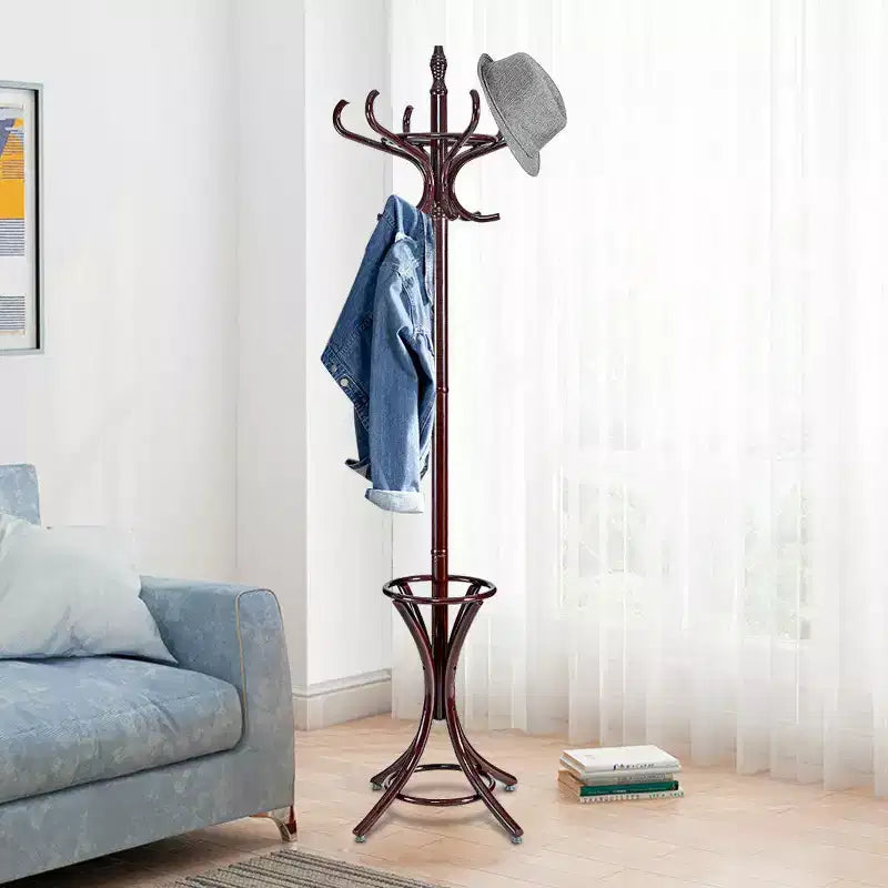 Wood Standing Coat Rack with 12 Hooks and Umbrella Stand, Reddish Brown