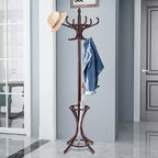 Wood Standing Coat Rack with 12 Hooks and Umbrella Stand, Reddish Brown