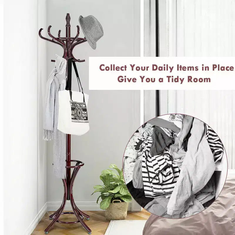 Wood Standing Coat Rack with 12 Hooks and Umbrella Stand, Reddish Brown