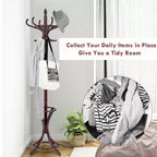 Wood Standing Coat Rack with 12 Hooks and Umbrella Stand, Reddish Brown