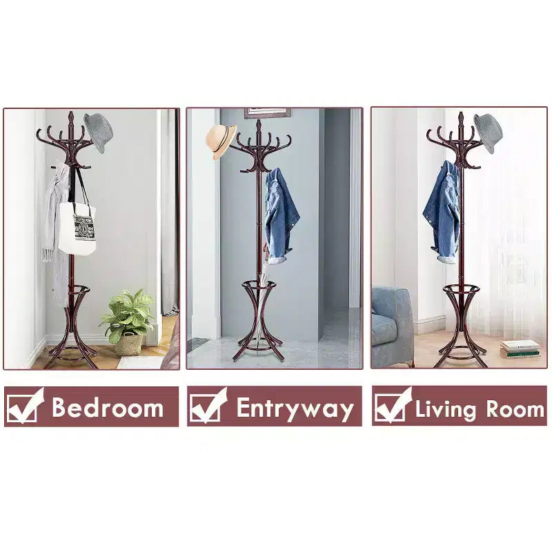 Wood Standing Coat Rack with 12 Hooks and Umbrella Stand, Reddish Brown