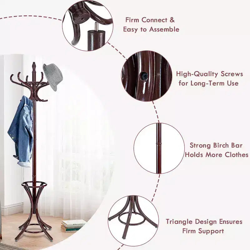 Wood Standing Coat Rack with 12 Hooks and Umbrella Stand, Reddish Brown