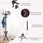 Wood Standing Coat Rack with 12 Hooks and Umbrella Stand, Reddish Brown
