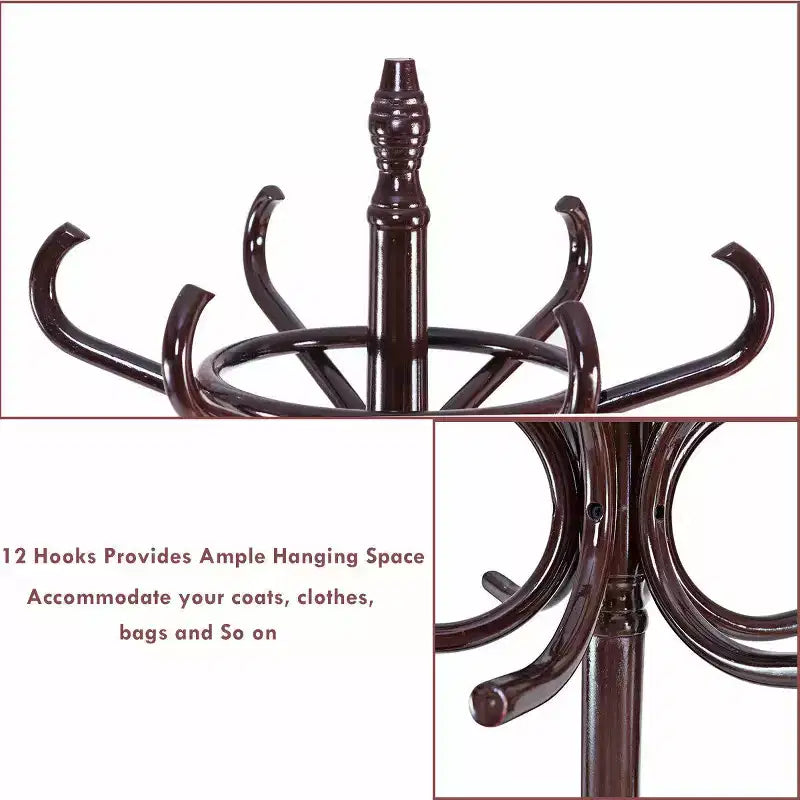 Wood Standing Coat Rack with 12 Hooks and Umbrella Stand, Reddish Brown
