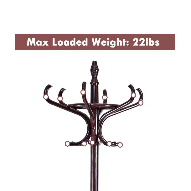 Wood Standing Coat Rack with 12 Hooks and Umbrella Stand, Reddish Brown
