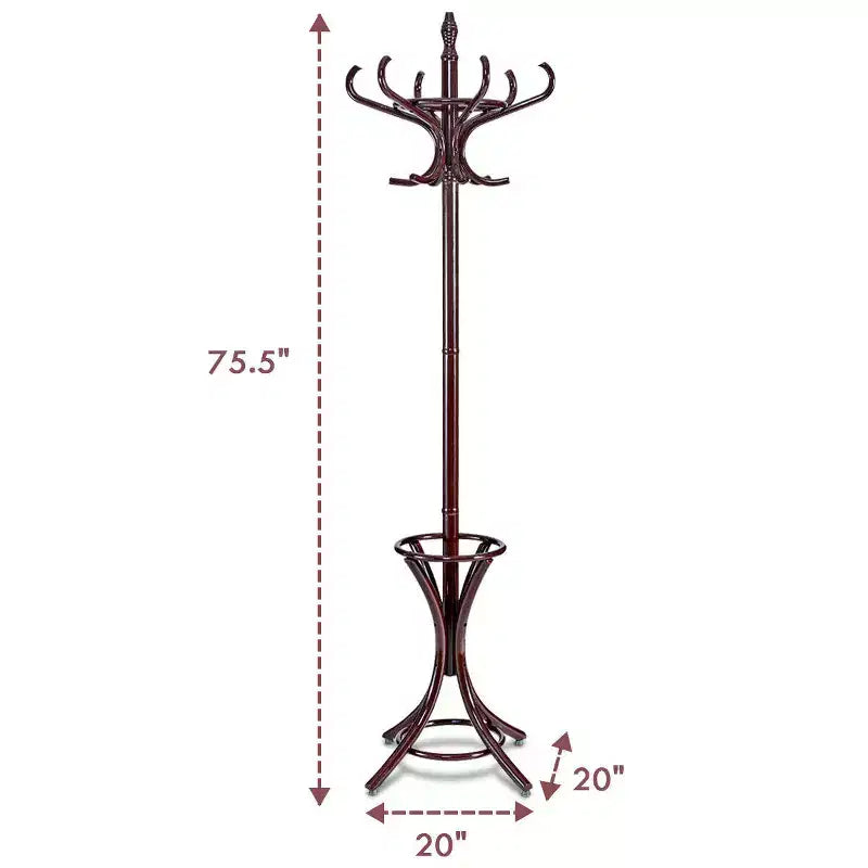 Wood Standing Coat Rack with 12 Hooks and Umbrella Stand, Reddish Brown