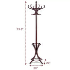 Wood Standing Coat Rack with 12 Hooks and Umbrella Stand, Reddish Brown