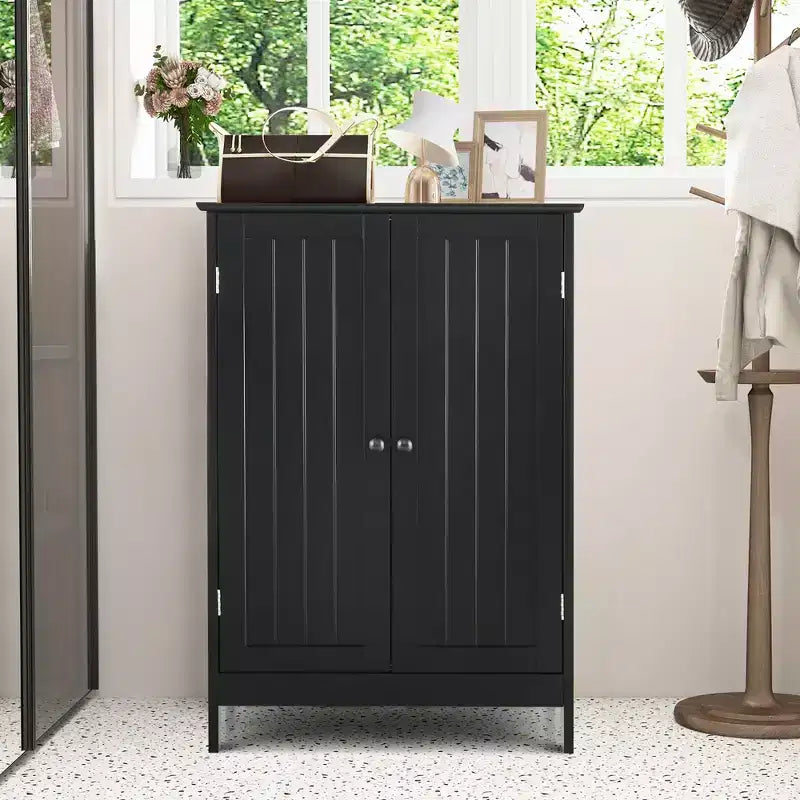 Bathroom Floor Storage Cabinet with Double Door – Black