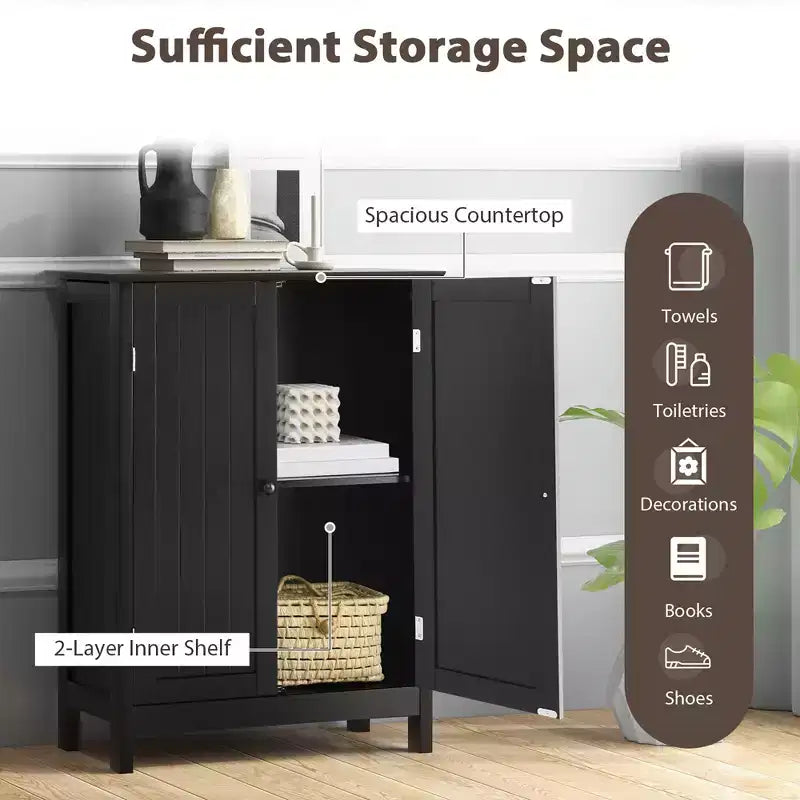 Bathroom Floor Storage Cabinet with Double Door – Black
