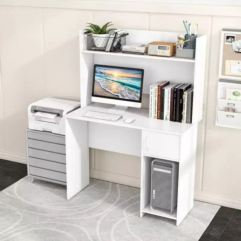 Computer Desk with Raised Display Shelf and Open Shelves
