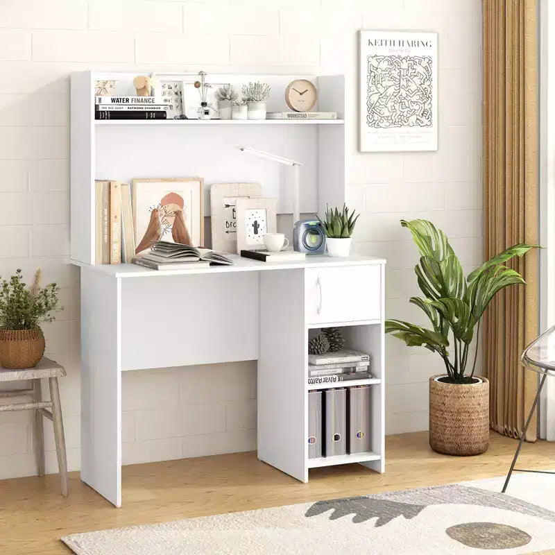 Computer Desk with Raised Display Shelf and Open Shelves