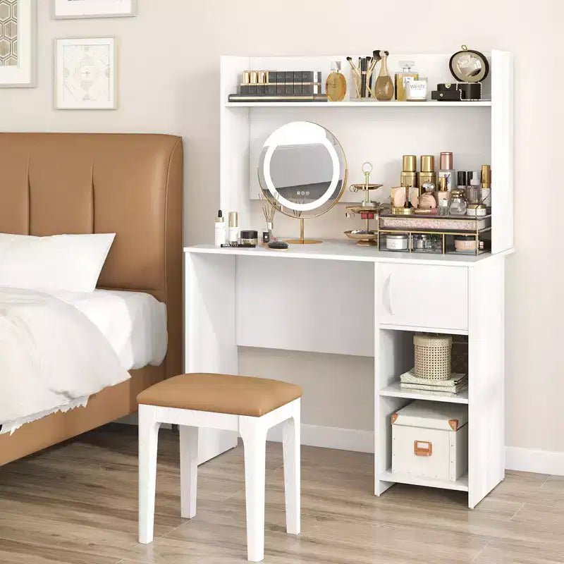 Computer Desk with Raised Display Shelf and Open Shelves