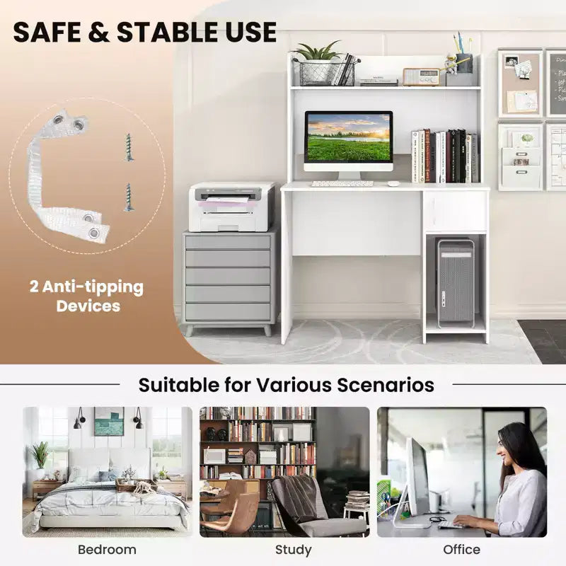 Computer Desk with Raised Display Shelf and Open Shelves