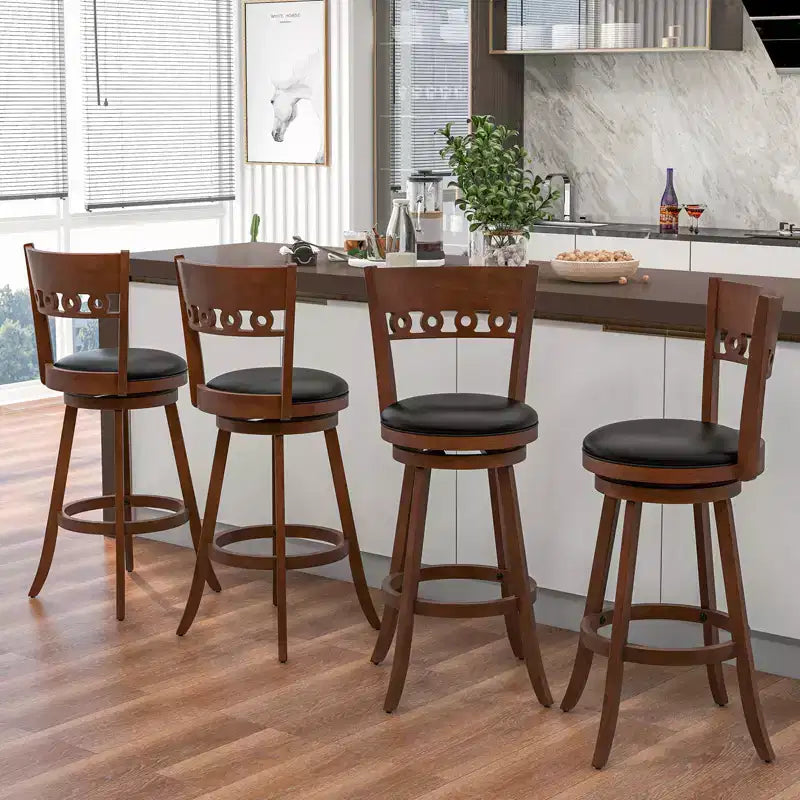 Set of 2 Swivel Bar Stools with High Back and Rubber Wood Frame
