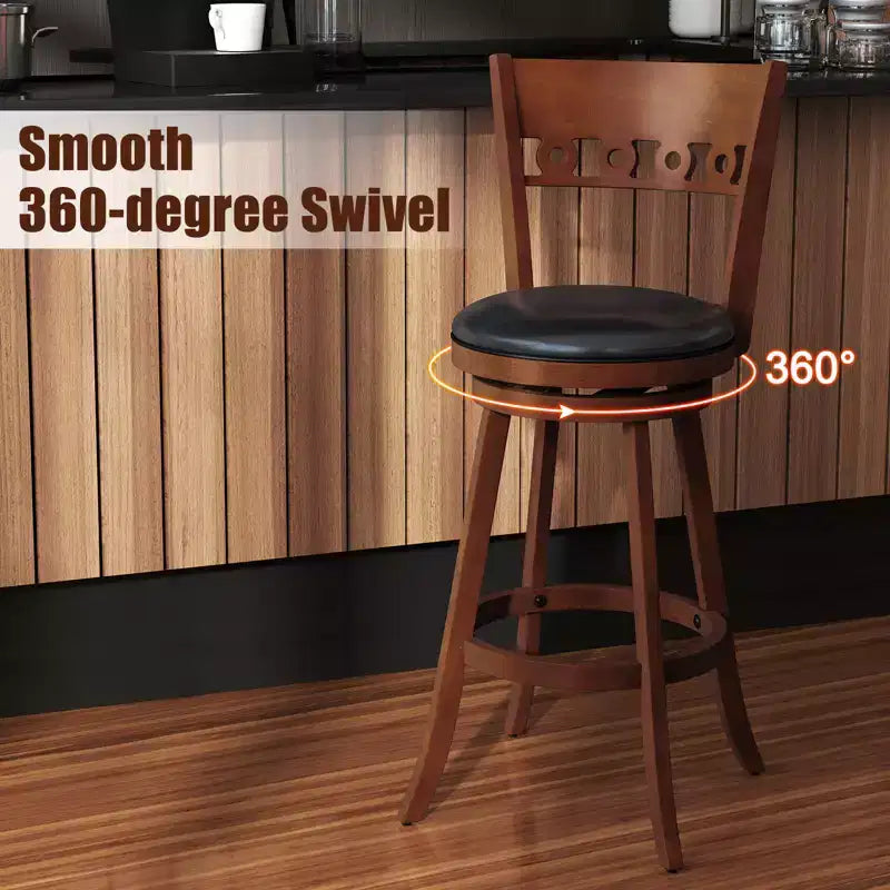 Set of 2 Swivel Bar Stools with High Back and Rubber Wood Frame