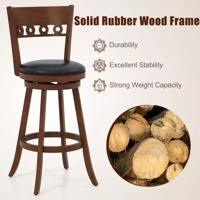 Set of 2 Swivel Bar Stools with High Back and Rubber Wood Frame